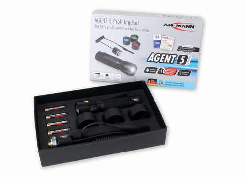 ANSMANN Agent 5 Professional LED Flashlight Set With Red/Blue/Green Color Plates - IP67 Waterproof, Includes Belt Clip & Universal Holder
