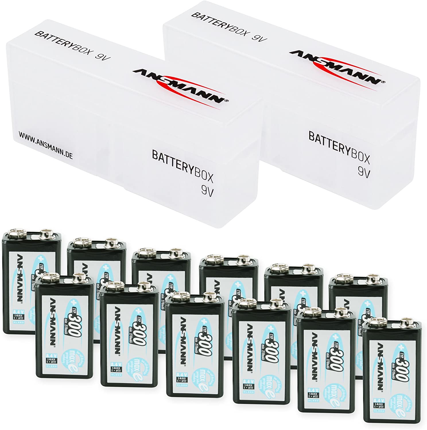 ANSMANN Rechargeable 9V Battery 300mAh pre-Charged Low Self Discharge 9Volt NiMH Rechargeable Battery (12-Pack) + 2X Batterybox for 9V