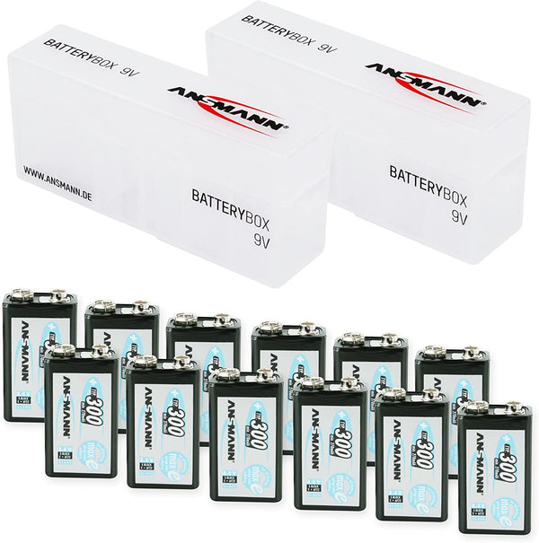 ANSMANN Rechargeable 9V Battery 300mAh pre-Charged Low Self Discharge 9Volt NiMH Rechargeable Battery (12-Pack) + 2X Batterybox for 9V